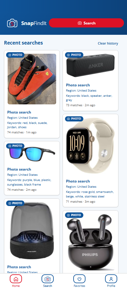SnapFindIt home screen showing recent searches